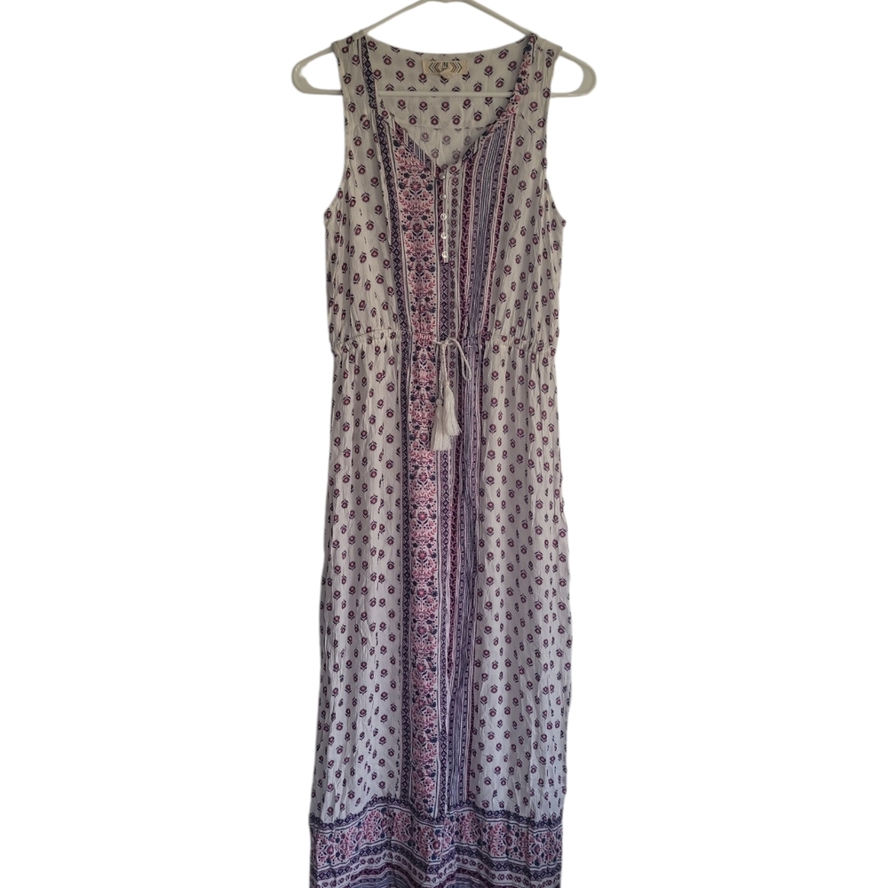 Pink Rose Boho White Maxi Dress with Purple Print
